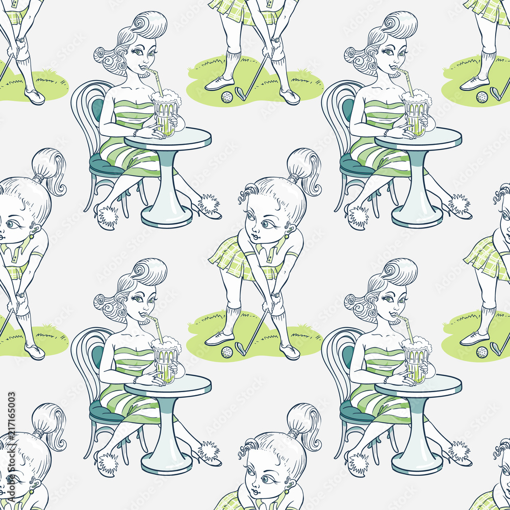 woman playing golf and drinking cocktail seamless pattern