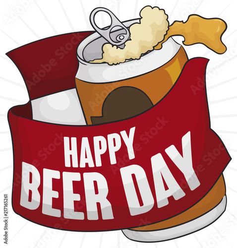 Beer Can with Greeting Ribbon and Calendar for Beer Day, Vector Illustration