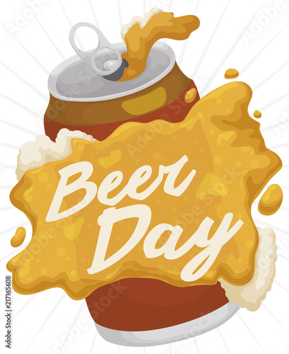 Delicious Beer Spilled over the Can during Beer Day Celebration, Vector Illustration