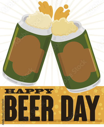 Delicious Canned Beers Toasting during Beer Day Event, Vector Illustration