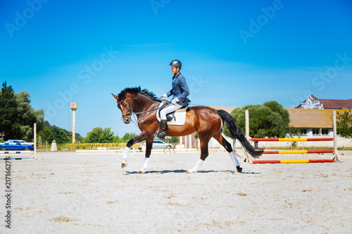 Very fast. Promising handsome equestrian feeling satisfied while riding his brown horse very fast