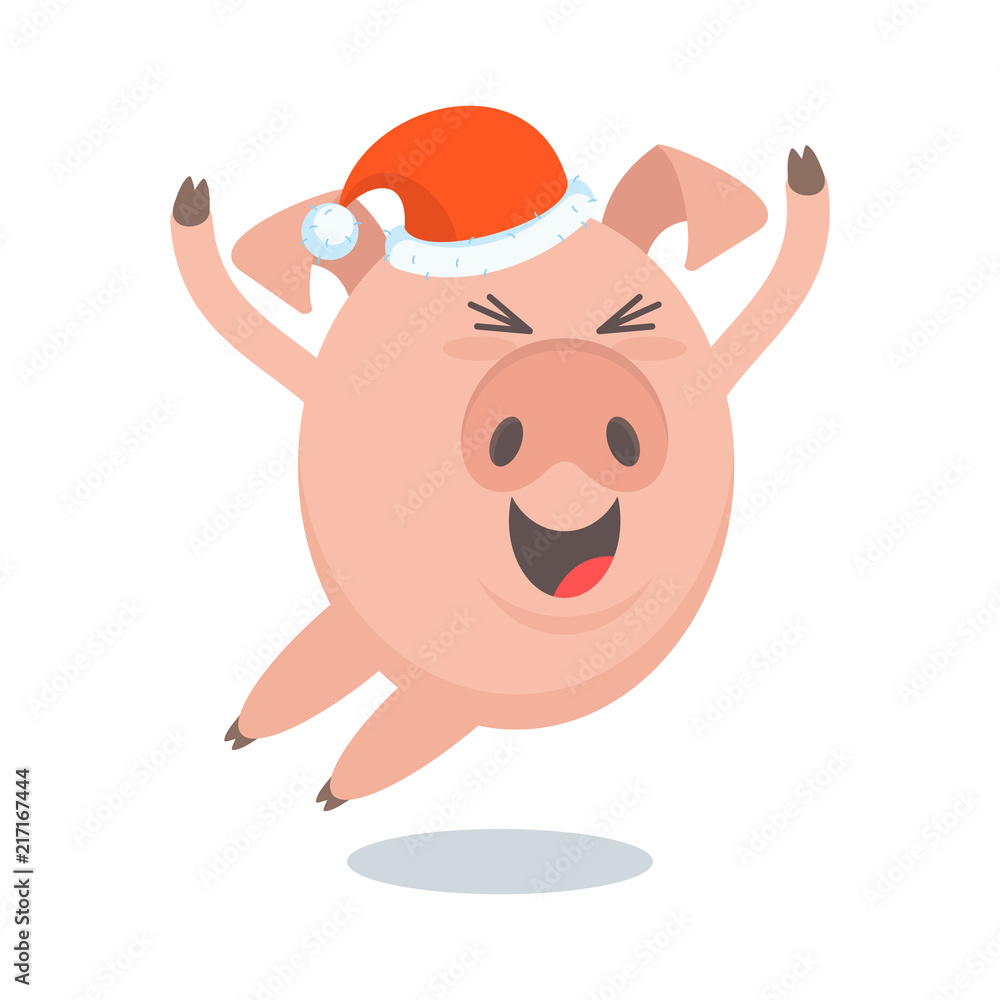 Funny merry pig in Santa Claus hat, a character for greeting cards and advertising for Christmas and New Year. Funny merry pig in Santa Claus hat, a character for greeting cards and advertising for Christmas and New Year.