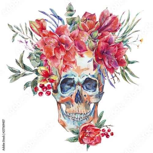 Fototapeta Naklejka Na Ścianę i Meble -  Watercolor vintage skull with red flower Amaryllis