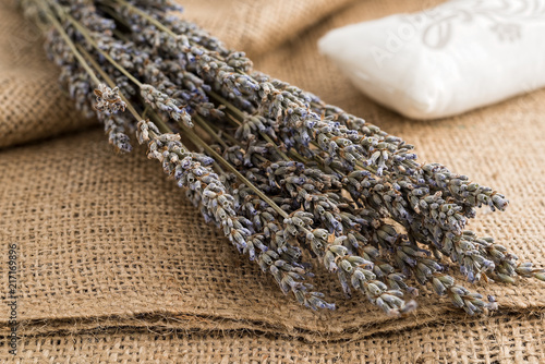 A branch of dried lavender on sackcloth