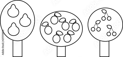 Coloring page. Set of different stylized cartoon fruit trees in flat style