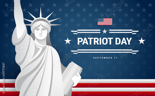 Patriot Day banner design - USA flag, text Patriot Day September 11, statue of Liberty, dark blue background - vector illustration