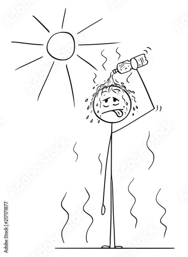 Cartoon stick drawing conceptual illustration of man standing on Sun in hot summer weather or heat and pouring water from plastic bottle on his head.