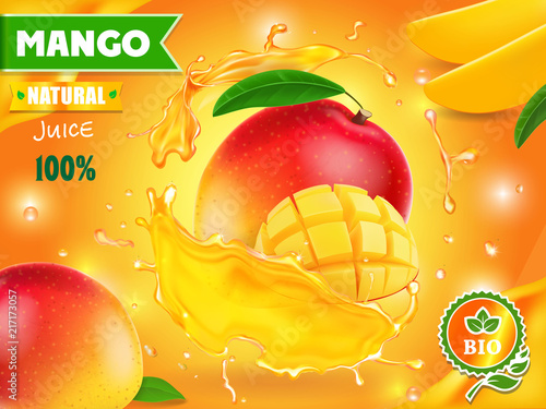 Mango juice advertising. Tropical fruit drink package design