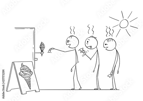 Cartoon stick drawing conceptual illustration of three men waiting in queue to buy ice cream in cone in hot summer weather.