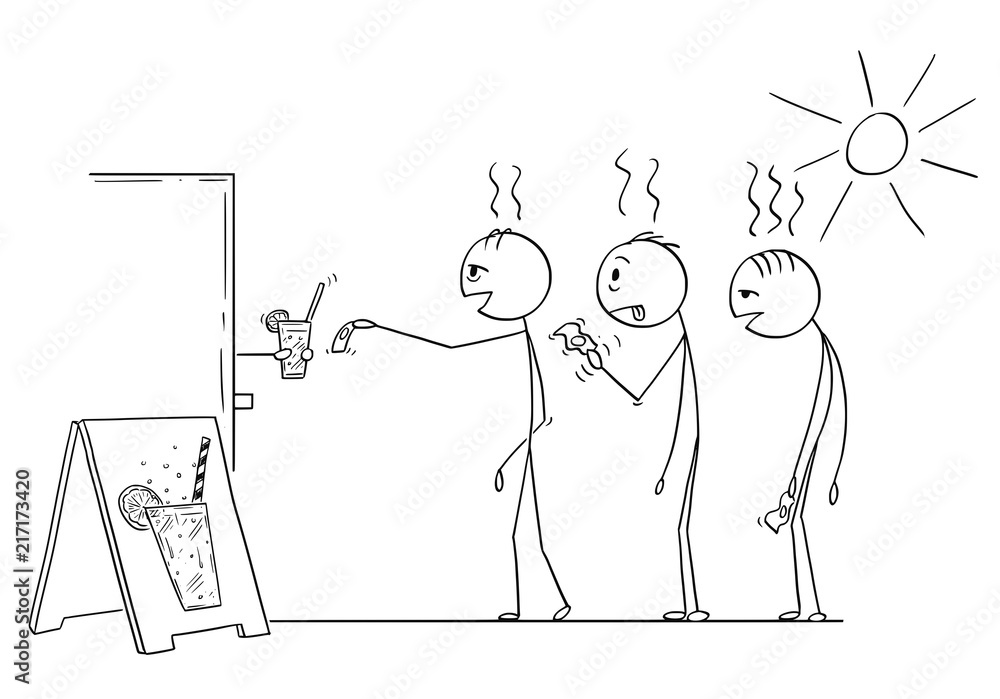 Φωτογραφία Cartoon stick drawing conceptual illustration of three men waiting in queue to buy soda,water or lemonade drink in hot summer weather