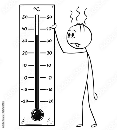 Cartoon stick drawing conceptual illustration of exhausted and overheated man holding big Celsius thermometer showing hot weather or heat above 30 degree.