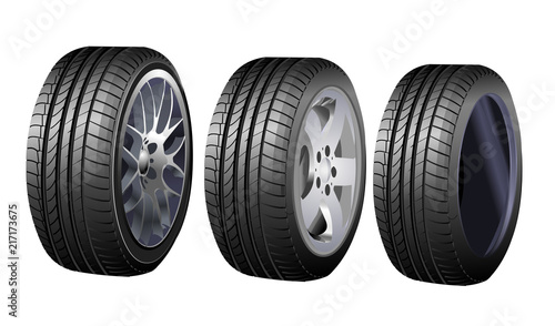 Wheels and tires vector set isolated on white for transport or service design © Fedor
