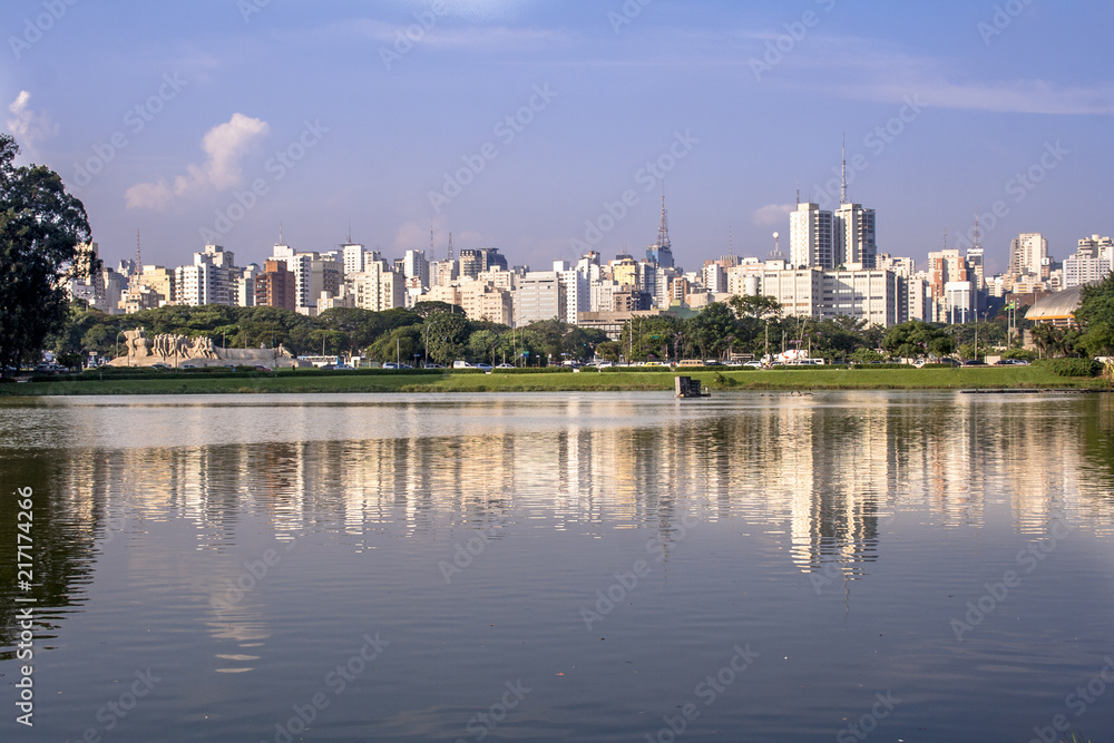 Sao Paulo, Brazil, February 19, 2009. View of Sao Paulo city from Ibirapuera Park. The Ibirapuera is one of Latin America largest city parks. Brazil