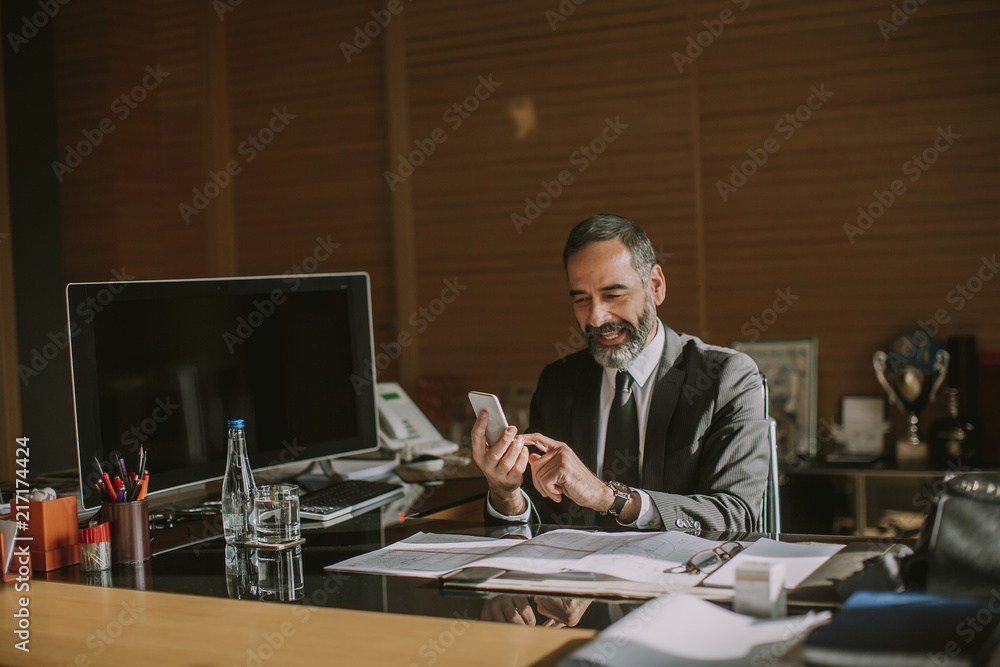 Senior businessman using mobile phone and working in modern office Senior businessman using mobile phone and working in modern office