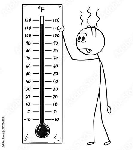 Cartoon stick drawing conceptual illustration of exhausted and overheated man holding big Fahrenheit thermometer showing hot weather or heat above 110 degree.