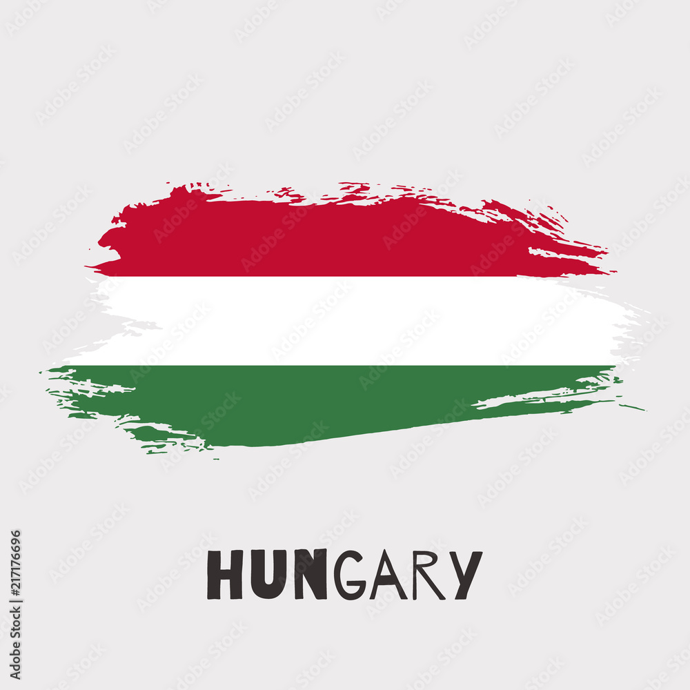 Fototapeta premium Hungary watercolor vector national country flag icon. Hand drawn illustration with dry brush stains, strokes, spots isolated on gray background. Painted grunge style texture for posters, banner design
