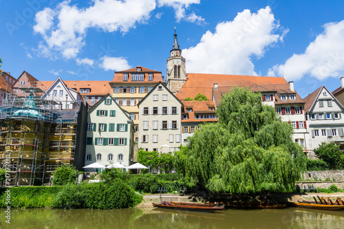 Germany, Tuebingen odl town houses and church behind neckar river