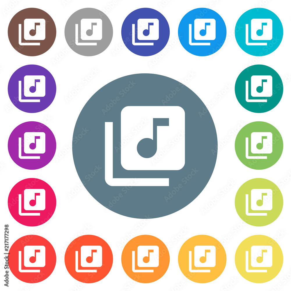 Music library flat white icons on round color backgrounds Music library flat white icons on round color backgrounds