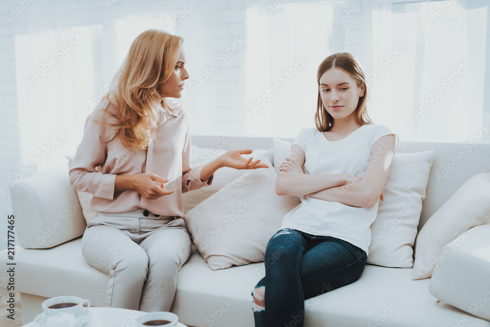 Quarrel between Mother and Daughter in White Room. Quarrel between Mother and Daughter in White Room.