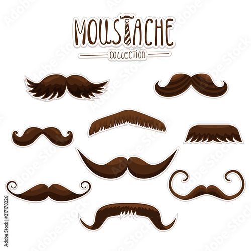 Moustache set collection used for photo booth props objects or party. Vector colored illustration isolated on white background 
