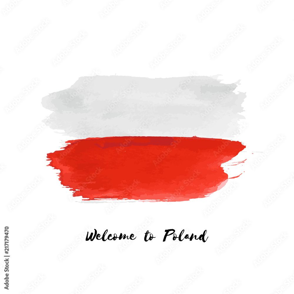Poland watercolor national country flag vector icon. Hand drawn dry brush stains, strokes, spots isolated on white background. Painted grunge style illustration texture for posters, banner design.