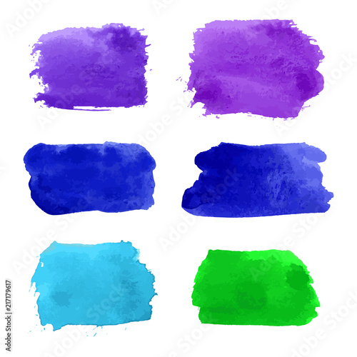 Set of vector navy, turquoise blue, violet, green watercolor hand painted texture backgrounds isolated on white. Abstract collection of fluid ink, acrylic brush strokes, stains, spots, blots, elements