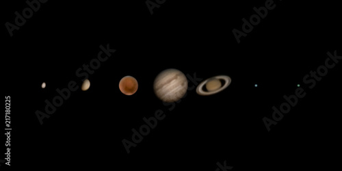 The seven extraterrestrial planets of the solar system: Mercury, Venus, Mars, Jupiter, Saturn, Uranus, Neptune. Photographed with a small telescope from Mannheim and Emmingen-Liptingen in Germany.