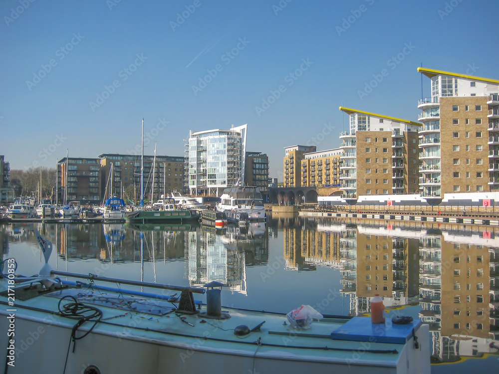 River Thames in central London with marina and residential buildings