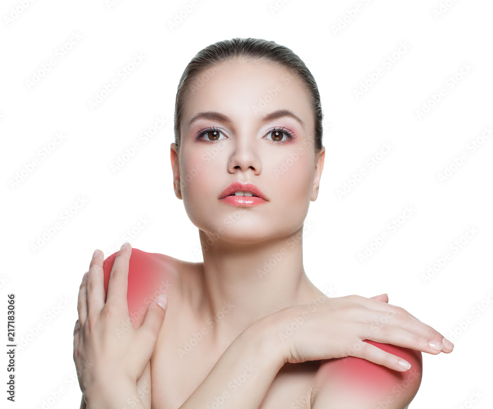 Female model having a pain in a shoulders area isolated on white background Female model having a pain in a shoulders area isolated on white background