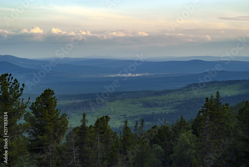 Small military town Kytlym (Sverdlovsk oblast, Russia) among the Ural Mountains, general view from the Mount Konzhakovskiy Kamen