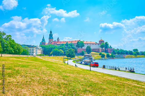 Pedestrian embankment of Vistula River in Krakow, Poland photo