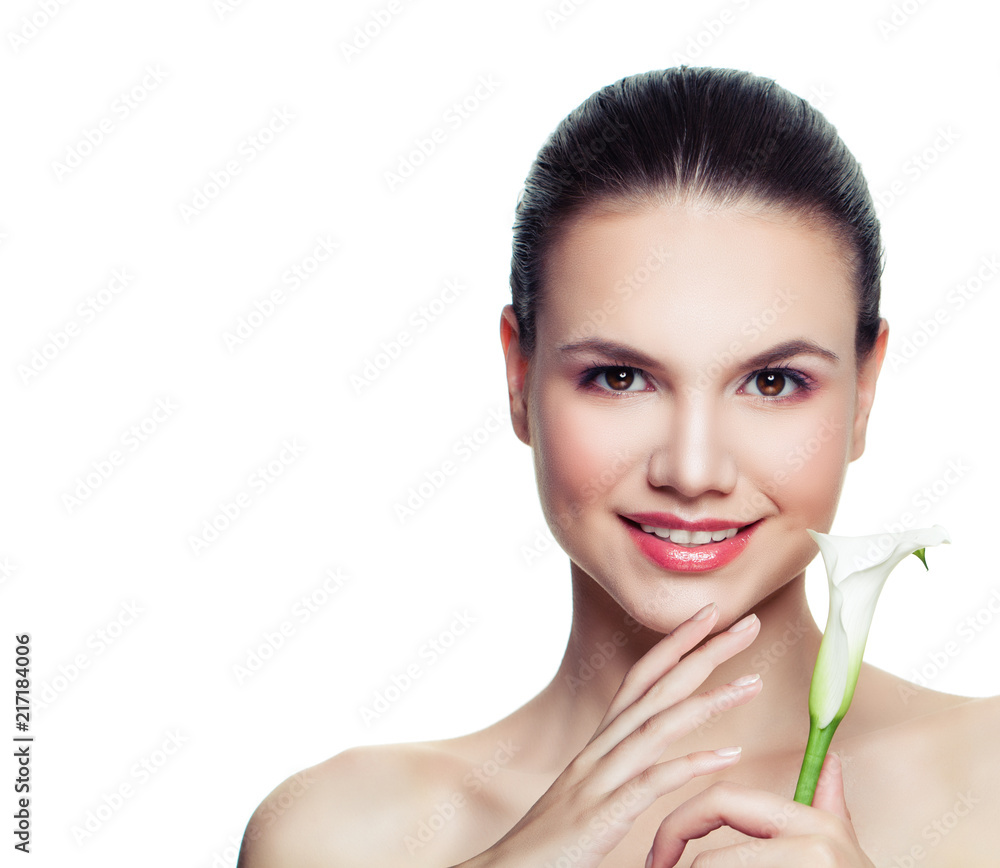 Beautiful young woman with healthy skin holding flower. Attractive female model isolated on white background Beautiful young woman with healthy skin holding flower. Attractive female model isolated on white background