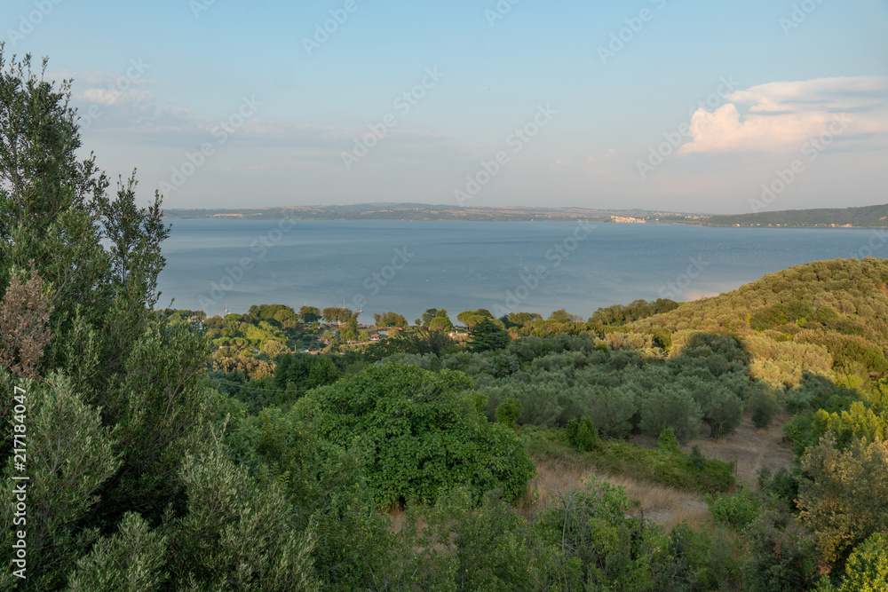 Panoramic view of the lake Bracciano (Italian: Lago di Bracciano), lake of volcanic origin in the Italian region of Lazio and important tourist attraction situated near Rome, drinking water reservoir