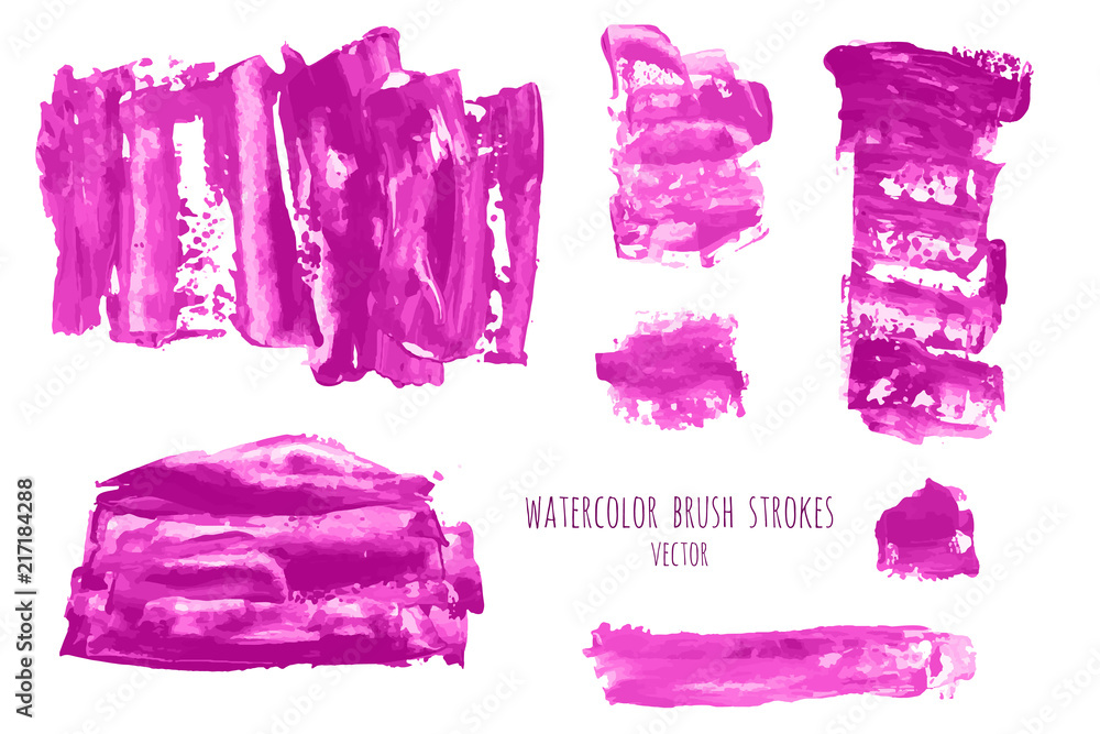 Set of vector magenta, pink, red watercolor hand painted texture backgrounds isolated on white. Abstract collection of fluid ink, acrylic pours, dry brush strokes, stains, spots, blots, elements.