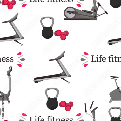 Pattern seamless with a fitness equipment with an inscription  life fittness on an isolated  background