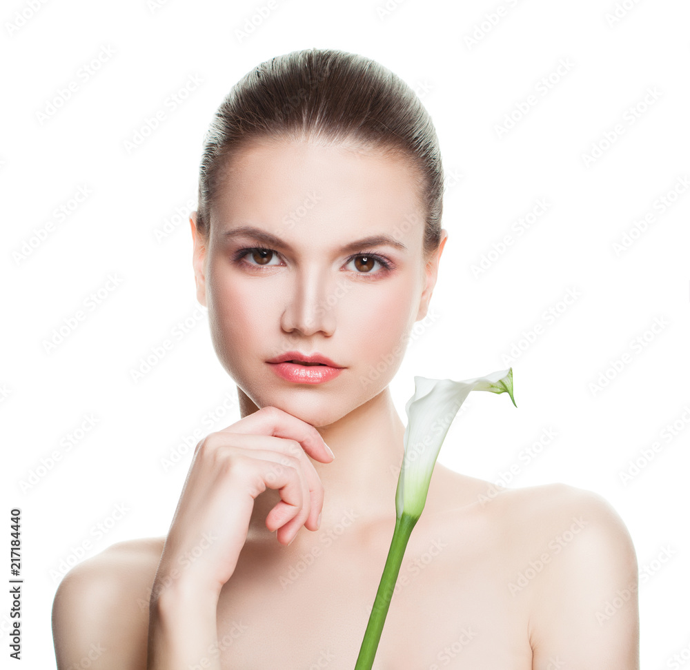 Thinking woman spa model with gentle flower isolated on white background Thinking woman spa model with gentle flower isolated on white background