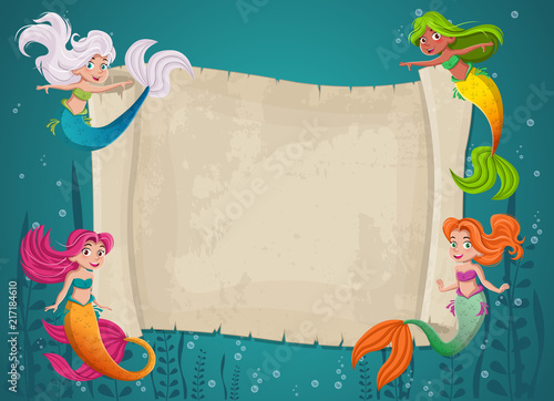 Mermaid girls swimming in front of old paper map.
