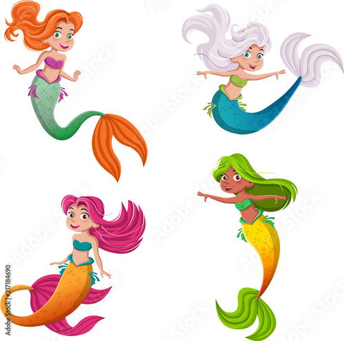 Cartoon mermaid princess with colorful hair. Mermaid children swimming.
