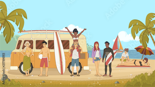 Cartoon young friends on beach. Summer holidays. Vintage car in the beach with a surfboard on the roof.
