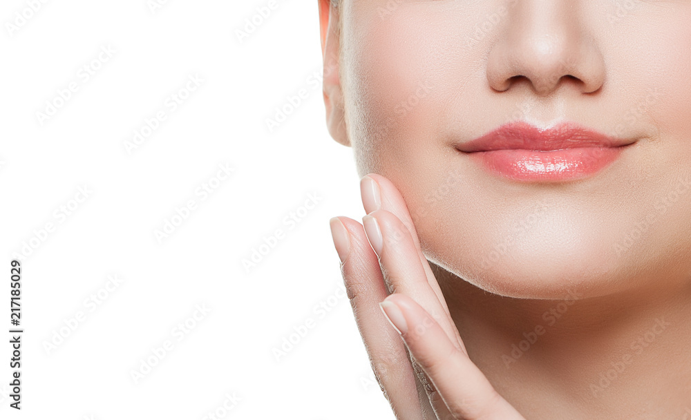 Fototapeta premium Perfect Female Lips and Hands with Natural Nails Closeup Isolated on White Background