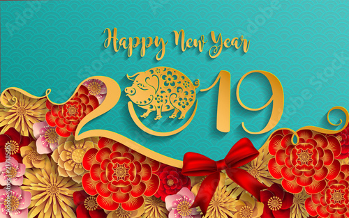 Happy chinese new year 2019 Zodiac sign with gold paper cut art and craft style on color Background.(Chinese Translation : Year of the pig)