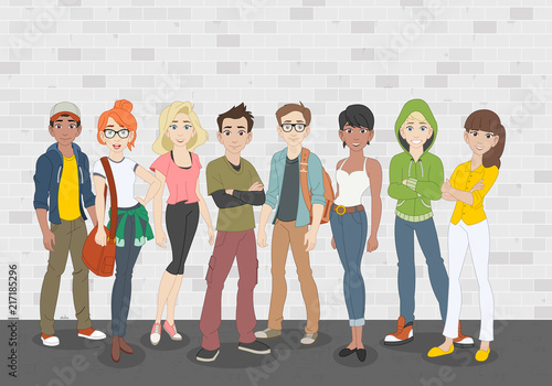White brick wall background with cartoon young people. Teenagers.