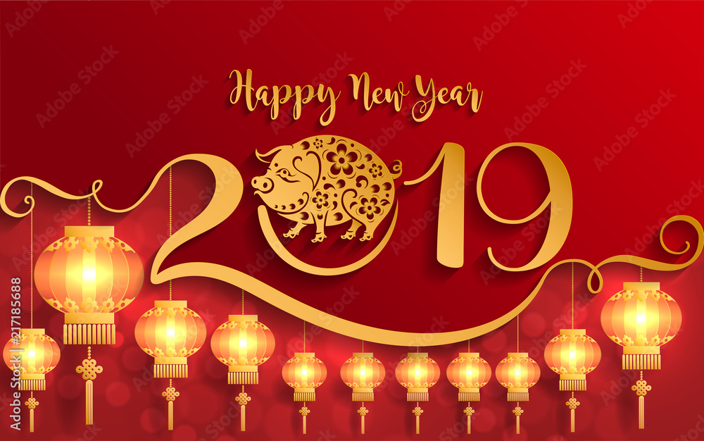 Naklejka premium Happy chinese new year 2019 Zodiac sign with gold paper cut art and craft style on color Background.(Chinese Translation : Year of the pig)