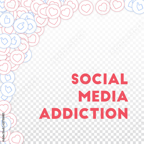 Social media icons. Social media addiction concept. Falling scattered thumbs up hearts. Fantastic ab
