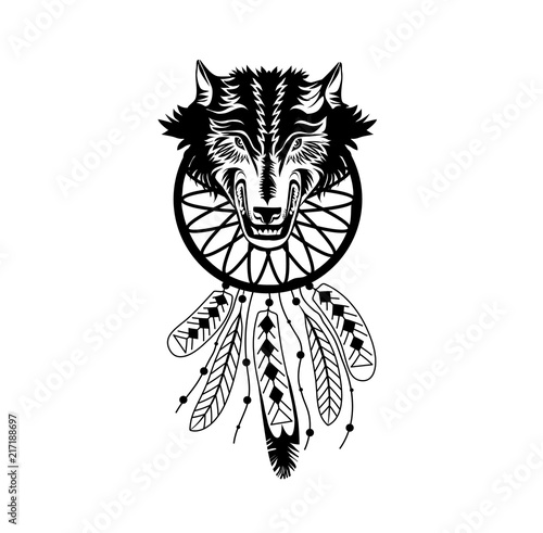 Tattoo sketch design with wolf head. Vector illustration.