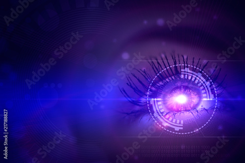 Female eye close-up, futuristic background with holograms, laser, neon light