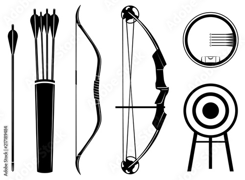 Bow set icon vector illustration. Bow, arrow, sight, quiver, target,
