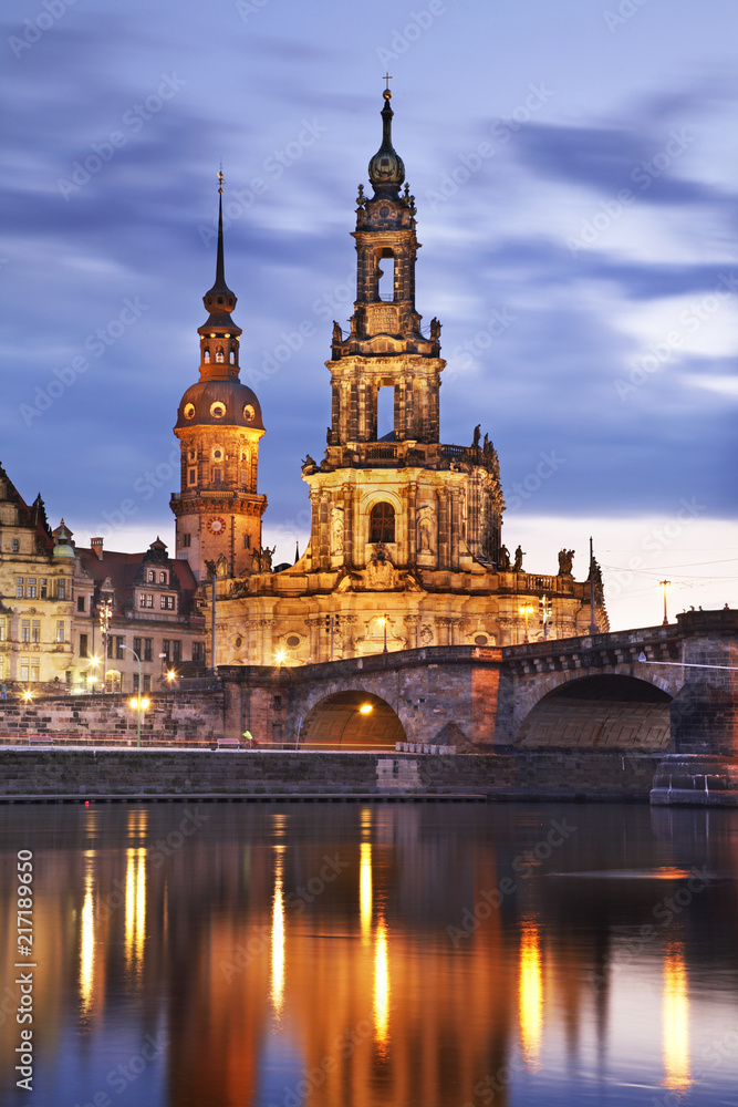 Hausmannsturm and Katholische Hofkirche in Dresden. Germany
