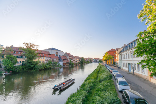 River Regnitz with old houses in City of Bamberg, Bavaria, Germany