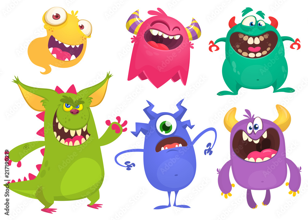 Cartoon Monsters. Vector set of cartoon monsters isolated. Design for print, party decoration, t-shirt, illustration, emblem or sticker Cartoon Monsters. Vector set of cartoon monsters isolated. Design for print, party decoration, t-shirt, illustration, emblem or sticker